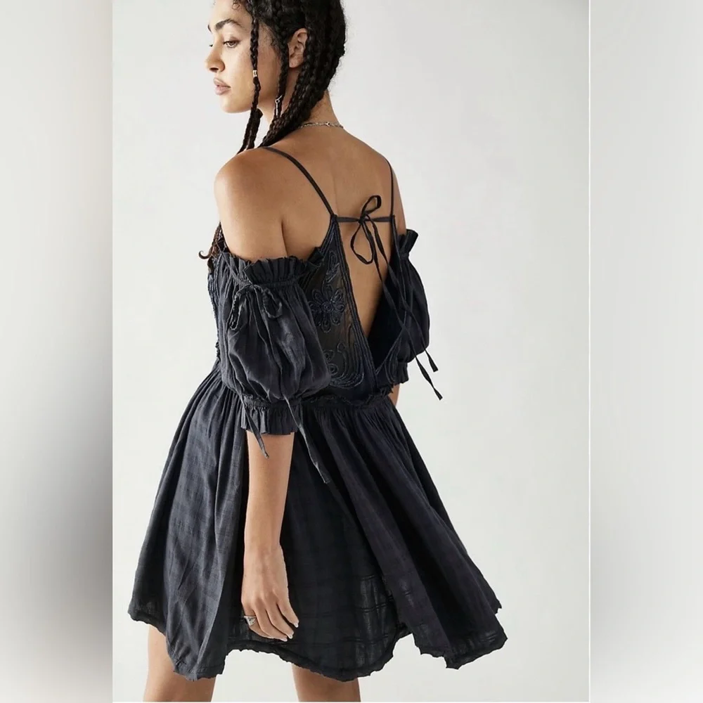 Free People Smocked Off / Cold Shoulder Dark Navy V Back Mini Dress - Picture 1 of 6